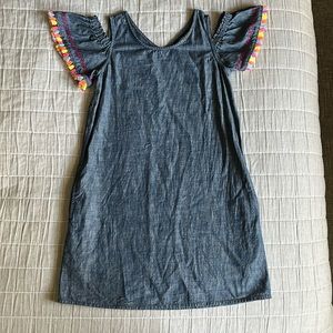 Lands’ End Girls Chambray cold shoulder summer dress; rainbow trim, 7/8, pretty!